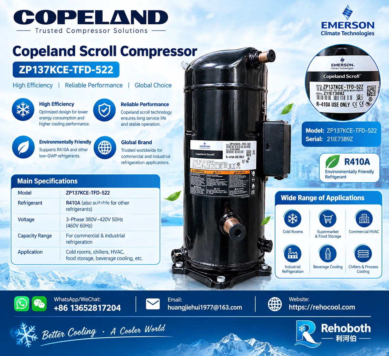 Copeland ZP137KCE-TFD-522 11.5HP Commercial AC Scroll Compressor for R410A.